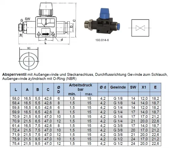 Maßtabelle Riegler® Absperrhahn Standard mit zylindrischem Außengewinde und Steckanschluss